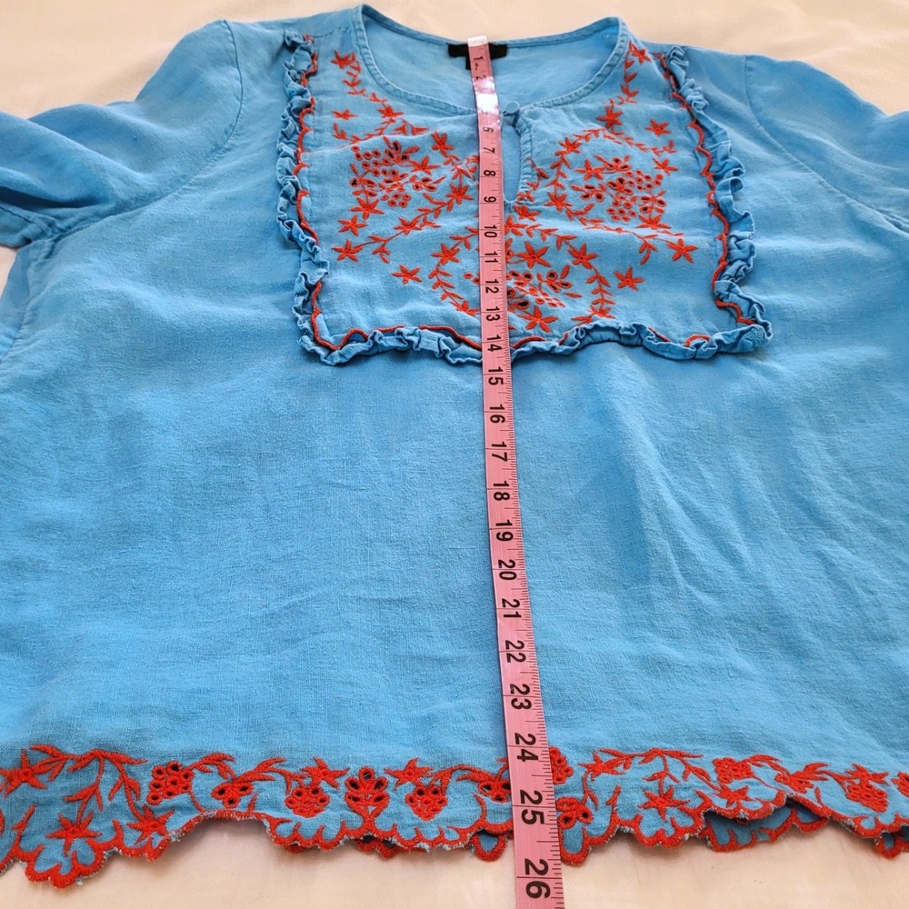 J. Crew Aqua Blue Red Embroidered 100% Linen Boho Peasant Hippie Tunic Blouse XL - Picture 10 of 10